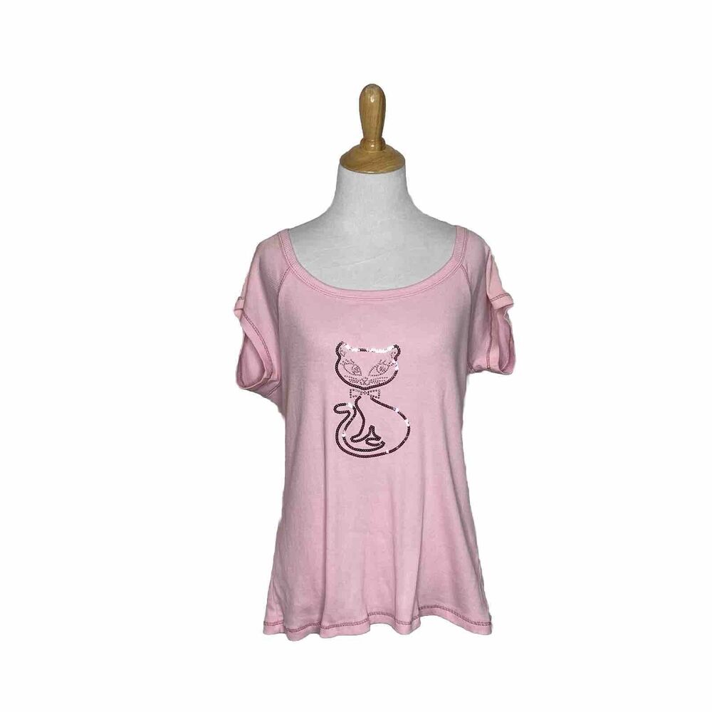 Caren Sport Rhinestone Kitty Cat Pink Short Sleeve T-Shirt No Size Tag
